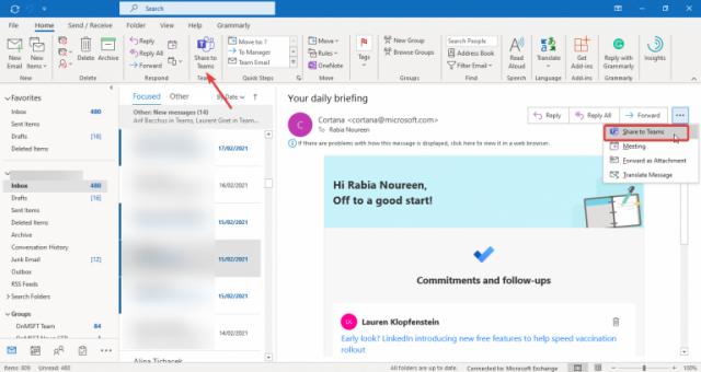 Outlook теперь может обмениваться электронными письмами и вложениями с чатами и каналами Microsoft Teams