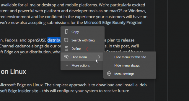 Microsoft расширяет мини-меню выбора текста Edge до обычных страниц в Edge Canary
