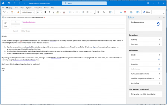Инсайдерское обновление Office добавило интеллектуальный помощник по написанию в Outlook для Windows