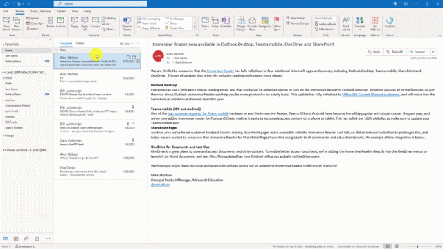 Microsoft добавляет Immersive Reader в Outlook для настольных ПК
