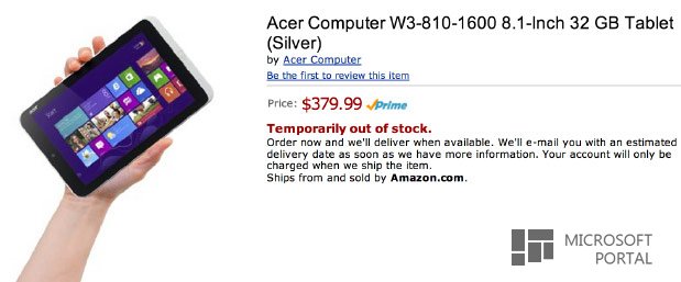 8,1-дюймовый планшет Acer на Windows 8 засветился на сайте Amazon 8,1-дюймовый планшет Acer на Windows 8 засветился на сайте Amazon