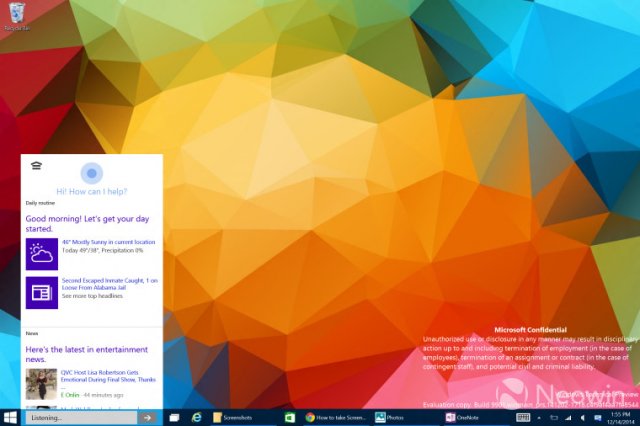 Множество скриншотов голосового помощника из Windows 10 Technical Preview for Consumer Build 9901