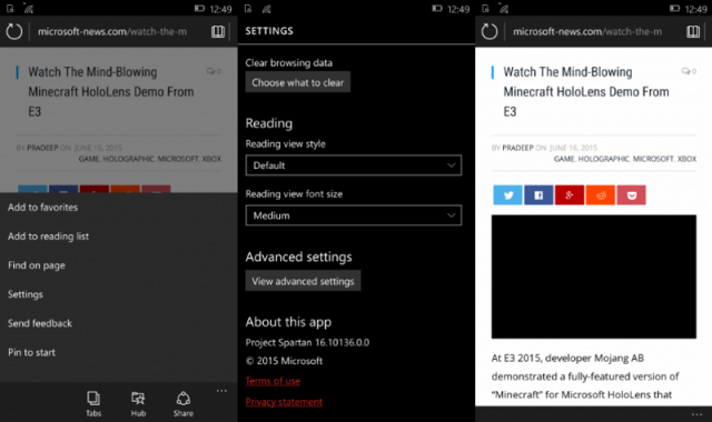 Браузер Microsoft Edge в Windows 10 Mobile Build 10136 получил ряд новых возможностей